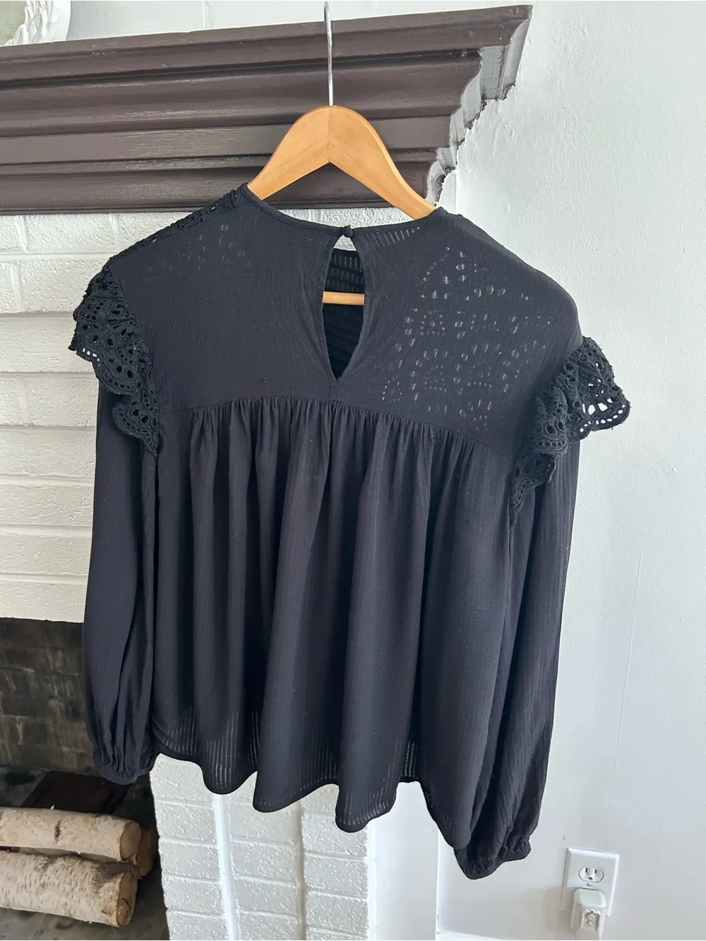Zara Black Crochet Yoke Long Sleeve Blouse